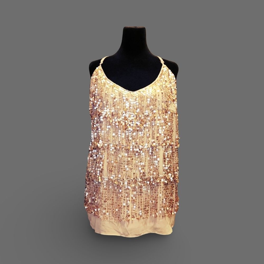 ❥City Chic Beige-Gold Sequin Top or Mocromini Dress Glam Cabaret XL/24 ❥ V Neck❥ - Picture 2 of 9